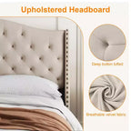 Base de cama tamaño queen de terciopelo tapizado con cabecero de ala, soporte de listones de madera, no necesita somier, cama tapizada beige