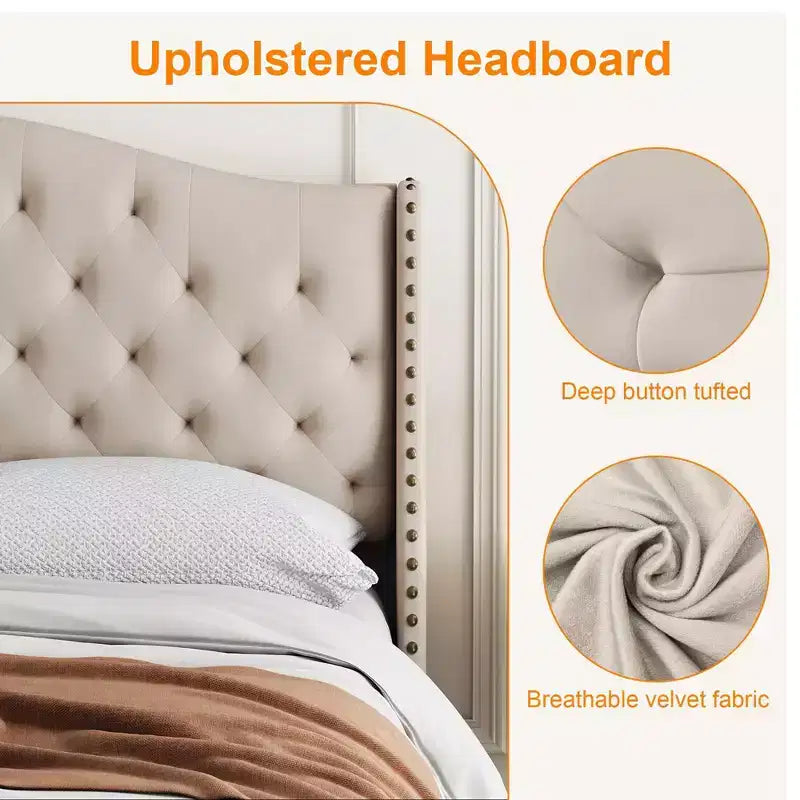 Base de cama tamaño queen de terciopelo tapizado con cabecero de ala, soporte de listones de madera, no necesita somier, cama tapizada beige