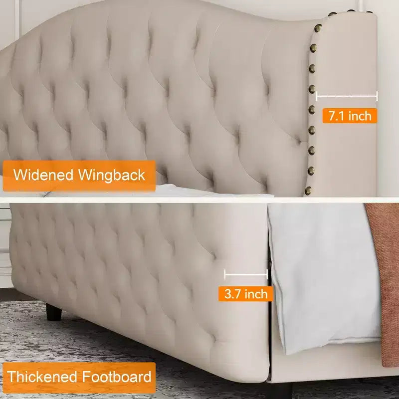 Base de cama tamaño queen de terciopelo tapizado con cabecero de ala, soporte de listones de madera, no necesita somier, cama tapizada beige