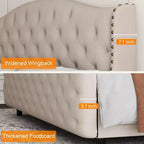 Base de cama tamaño queen de terciopelo tapizado con cabecero de ala, soporte de listones de madera, no necesita somier, cama tapizada beige