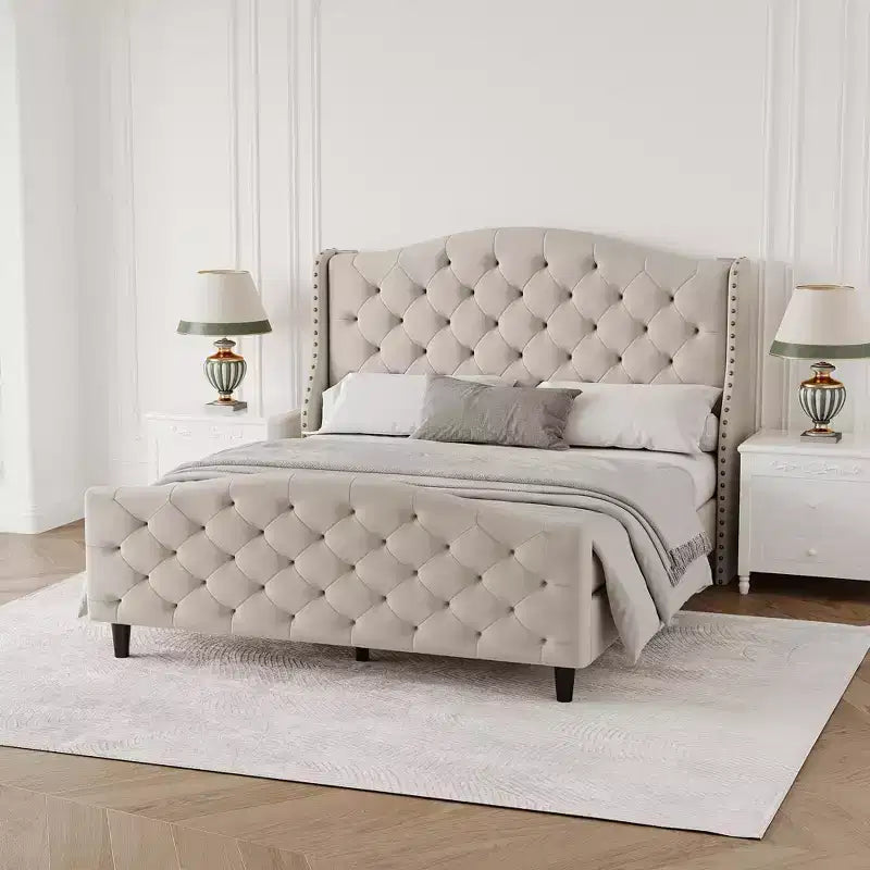 Base de cama tamaño queen de terciopelo tapizado con cabecero de ala, soporte de listones de madera, no necesita somier, cama tapizada beige