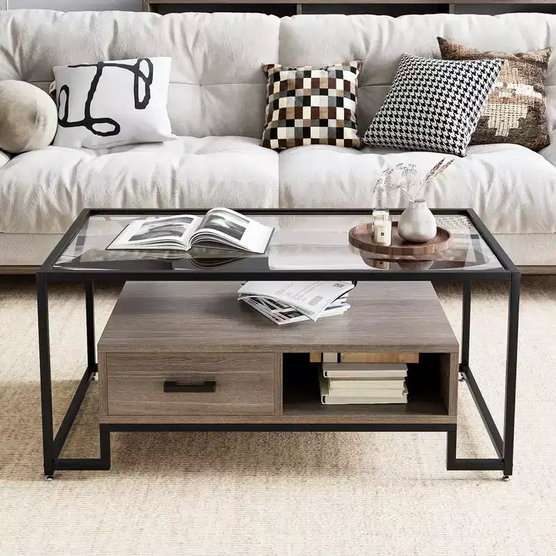 Mesa de centro rectangular de cristal con 2 cajones y estante de almacenamiento, mesa auxiliar vintage para sala de estar