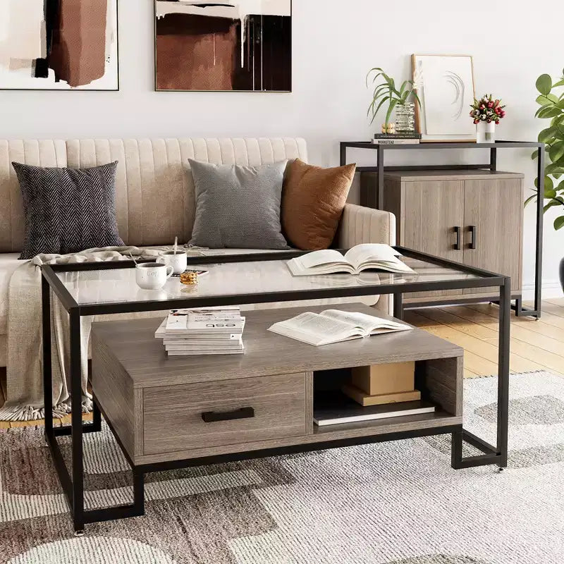 Mesa de centro rectangular de cristal con 2 cajones y estante de almacenamiento, mesa auxiliar vintage para sala de estar