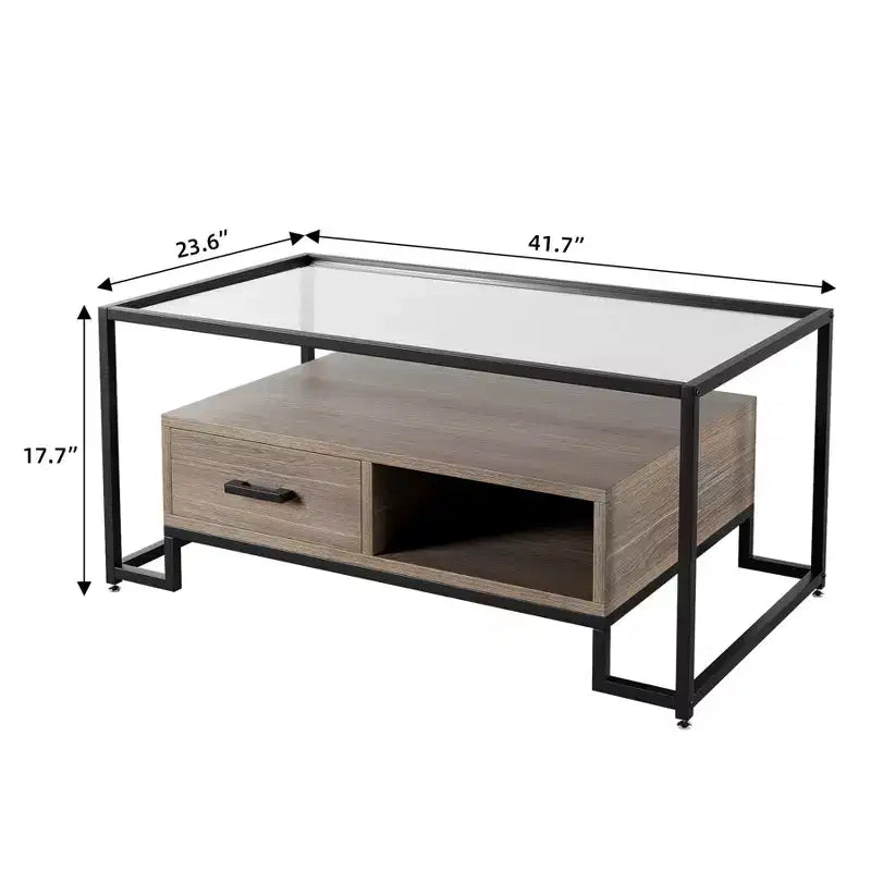 Mesa de centro rectangular de cristal con 2 cajones y estante de almacenamiento, mesa auxiliar vintage para sala de estar