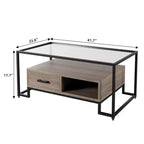Mesa de centro rectangular de cristal con 2 cajones y estante de almacenamiento, mesa auxiliar vintage para sala de estar