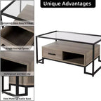 Mesa de centro rectangular de cristal con 2 cajones y estante de almacenamiento, mesa auxiliar vintage para sala de estar