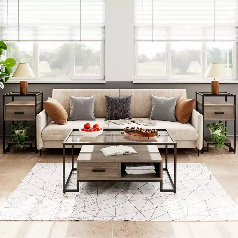 Mesa de centro rectangular de cristal con 2 cajones y estante de almacenamiento, mesa auxiliar vintage para sala de estar