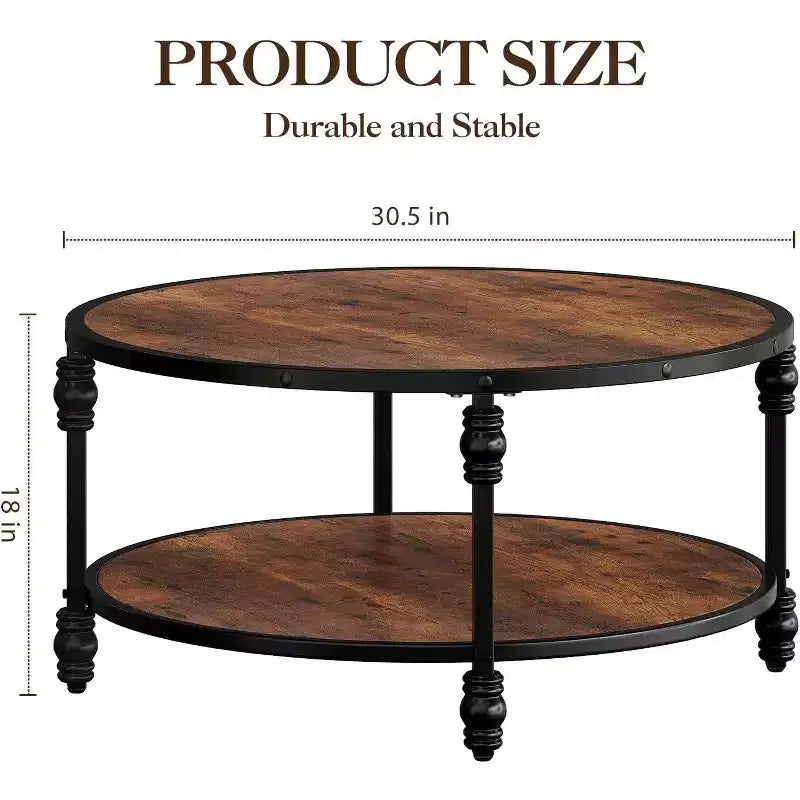 Mesa de centro rústica redonda de 2 niveles COZONY con tapa de madera y patas metálicas resistentes con columnas romanas, fácil montaje, mesa central para sala de estar