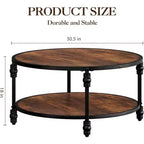Mesa de centro rústica redonda de 2 niveles COZONY con tapa de madera y patas metálicas resistentes con columnas romanas, fácil montaje, mesa central para sala de estar