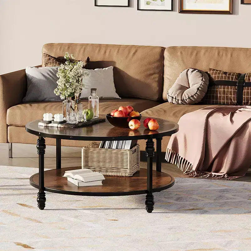 Mesa de centro rústica redonda de 2 niveles COZONY con tapa de madera y patas metálicas resistentes con columnas romanas, fácil montaje, mesa central para sala de estar