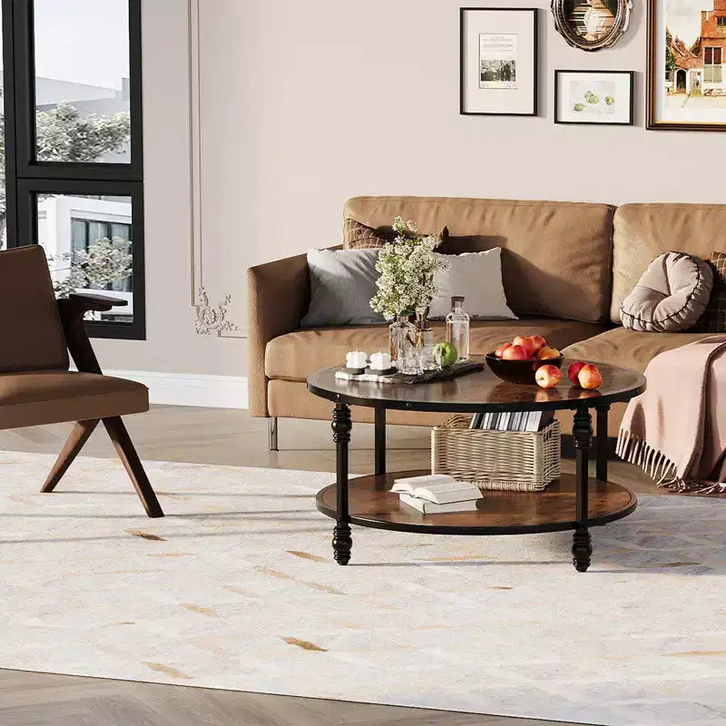 Mesa de centro rústica redonda de 2 niveles COZONY con tapa de madera y patas metálicas resistentes con columnas romanas, fácil montaje, mesa central para sala de estar