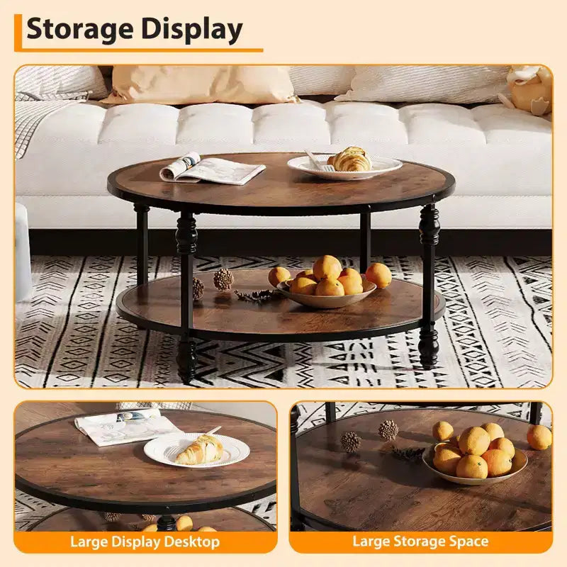 Mesa de centro rústica redonda de 2 niveles COZONY con tapa de madera y patas metálicas resistentes con columnas romanas, fácil montaje, mesa central para sala de estar