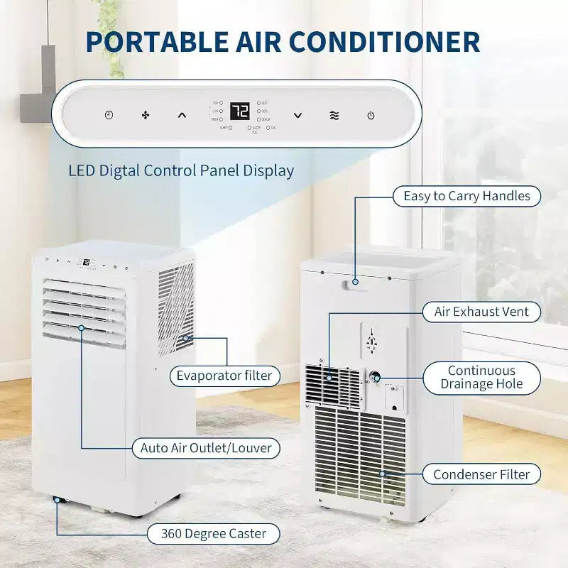 Acekool 8,000 BTU Portable Air Conditioner, 4-in-1 AC Dehumidifier Fan, for Rooms up to 350 Sq. Ft, Timer, Remote, Easy Move