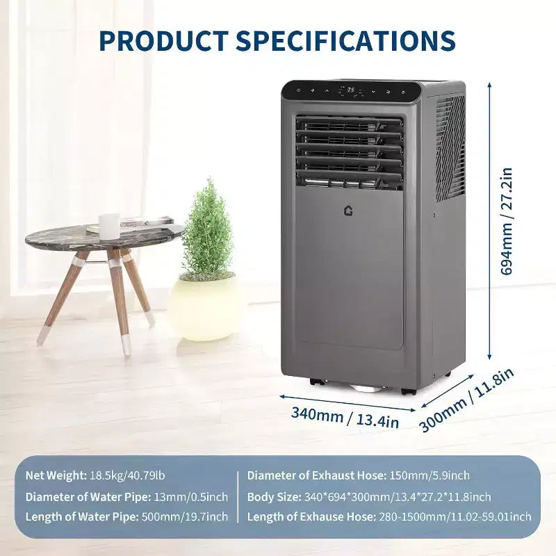 Acekool 8,000 BTU Portable Air Conditioner, 4-in-1 AC Dehumidifier Fan Sleep Mode, Remote, Timer, Window Kit, for Rooms up to 350 Sq. Ft, Grey