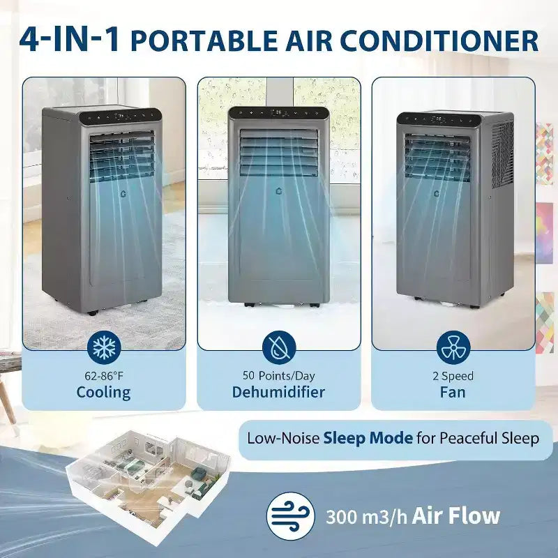 Acekool 10,000 BTU Portable Air Conditioner, 4-in-1 AC Dehumidifier Fan Sleep Mode, Remote, Energy Efficient, for Rooms up to 450 Sq. Ft, Grey