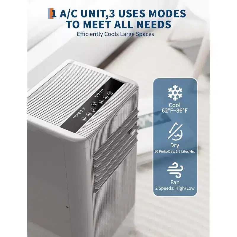 Acekool 10,000 BTU Portable Air Conditioner, 3-in-1 AC with Dehumidifier Fan, Remote, Timer, Window Kit, for Rooms up to 450 Sq Ft, Black & Grey Top