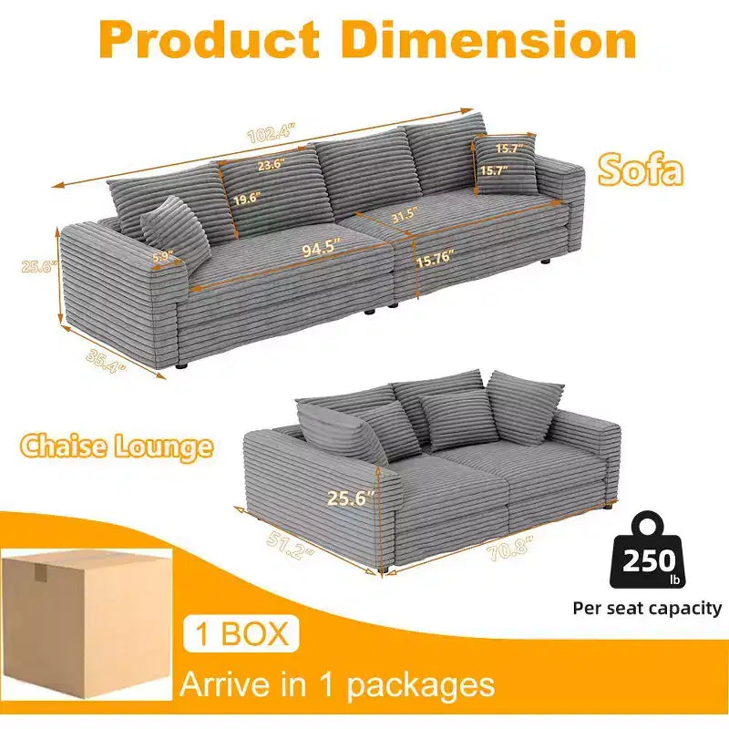 MAYEERTY Sofá moderno tapizado cómodo, sofás de asiento profundo tipo nube con almohadas suaves para sala de estar, dormitorio, oficina, gris