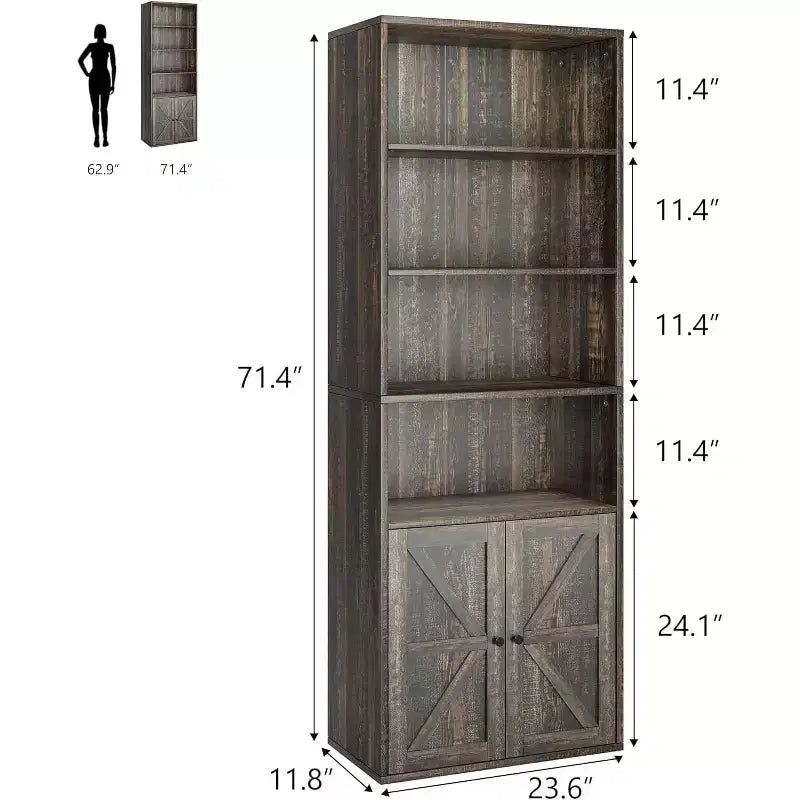 Estantería industrial de roble con puertas, expositor de almacenamiento de 4 estantes, 181.4 cm de alto, 30 cm de profundidad, para dormitorio/sala de estar/oficina en casa