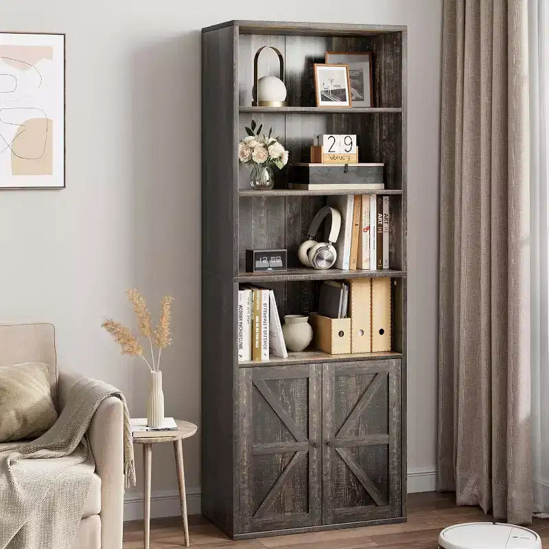 Estantería industrial de roble con puertas, expositor de almacenamiento de 4 estantes, 181.4 cm de alto, 30 cm de profundidad, para dormitorio/sala de estar/oficina en casa