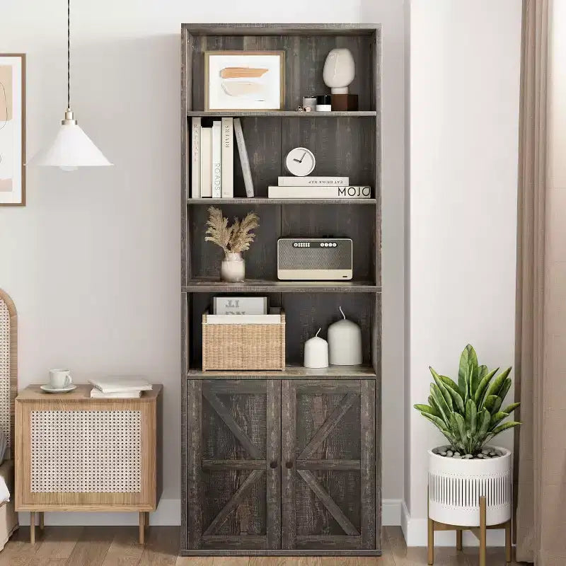 Estantería industrial de roble con puertas, expositor de almacenamiento de 4 estantes, 181.4 cm de alto, 30 cm de profundidad, para dormitorio/sala de estar/oficina en casa