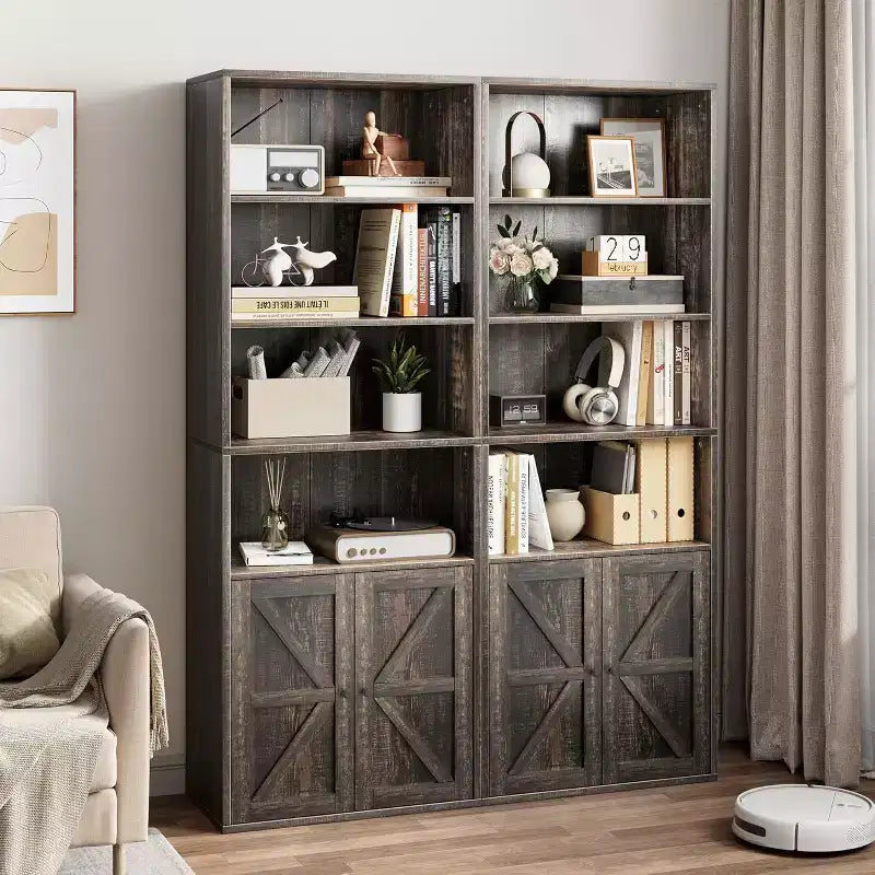 Estantería industrial de roble con puertas, expositor de almacenamiento de 4 estantes, 181.4 cm de alto, 30 cm de profundidad, para dormitorio/sala de estar/oficina en casa