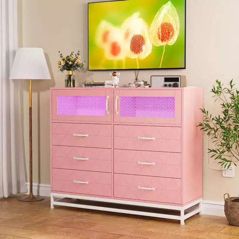 Cómoda Acekool de 8 cajones con armario para dormitorio, cómoda alta con estación de carga, organizador de almacenamiento para sala de estar, pasillo, armario