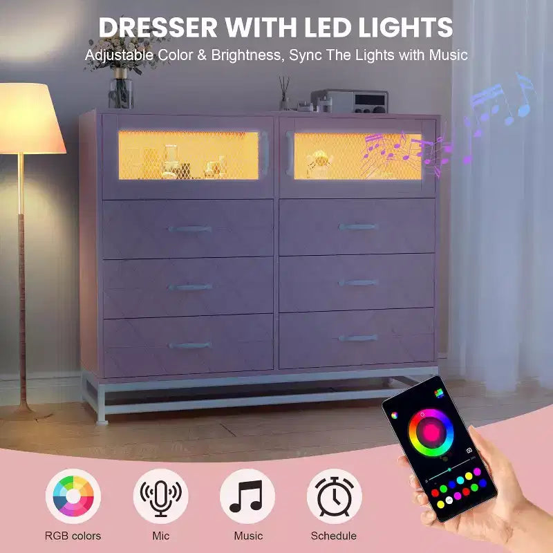 Cómoda Acekool de 8 cajones con armario para dormitorio, cómoda alta con estación de carga, organizador de almacenamiento para sala de estar, pasillo, armario