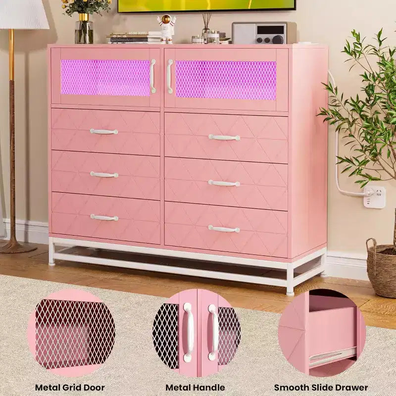 Cómoda Acekool de 8 cajones con armario para dormitorio, cómoda alta con estación de carga, organizador de almacenamiento para sala de estar, pasillo, armario