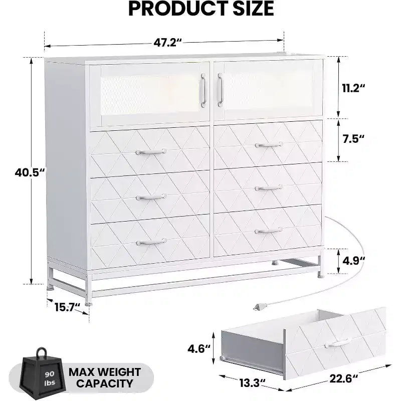 Cómoda Acekool de 8 cajones con armario para dormitorio, cómoda alta con estación de carga, organizador de almacenamiento para sala de estar, pasillo, armario