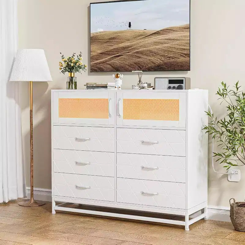 Cómoda Acekool de 8 cajones con armario para dormitorio, cómoda alta con estación de carga, organizador de almacenamiento para sala de estar, pasillo, armario