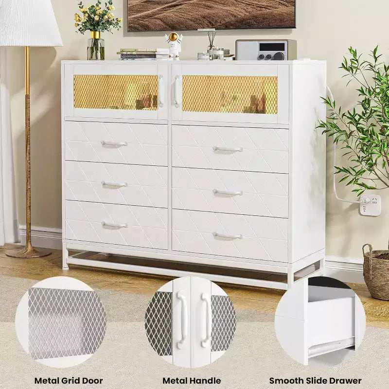 Cómoda Acekool de 8 cajones con armario para dormitorio, cómoda alta con estación de carga, organizador de almacenamiento para sala de estar, pasillo, armario