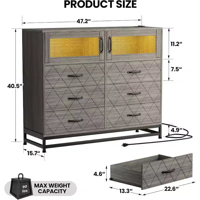 Cómoda Acekool de 8 cajones con armario para dormitorio, cómoda alta con estación de carga, organizador de almacenamiento para sala de estar, pasillo, armario