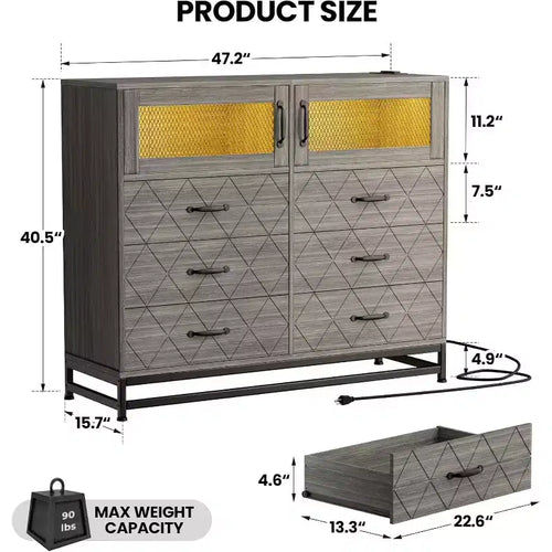 Cómoda Acekool de 8 cajones con armario para dormitorio, cómoda alta con estación de carga, organizador de almacenamiento para sala de estar, pasillo, armario