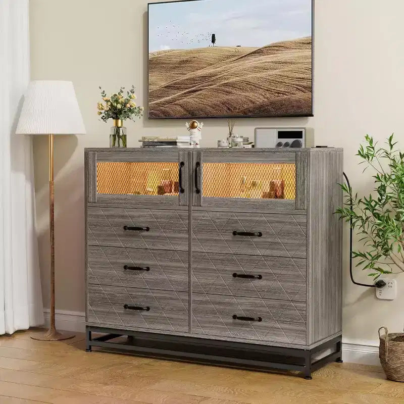 Cómoda Acekool de 8 cajones con armario para dormitorio, cómoda alta con estación de carga, organizador de almacenamiento para sala de estar, pasillo, armario