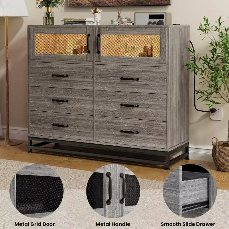 Cómoda Acekool de 8 cajones con armario para dormitorio, cómoda alta con estación de carga, organizador de almacenamiento para sala de estar, pasillo, armario