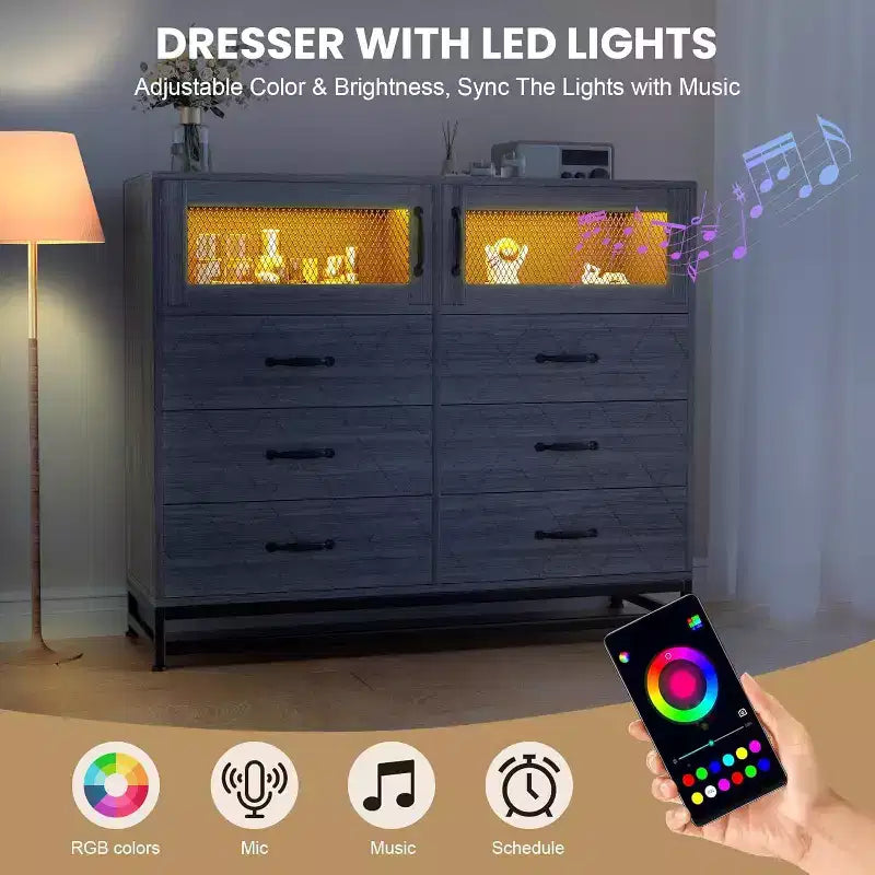 Cómoda Acekool de 8 cajones con armario para dormitorio, cómoda alta con estación de carga, organizador de almacenamiento para sala de estar, pasillo, armario