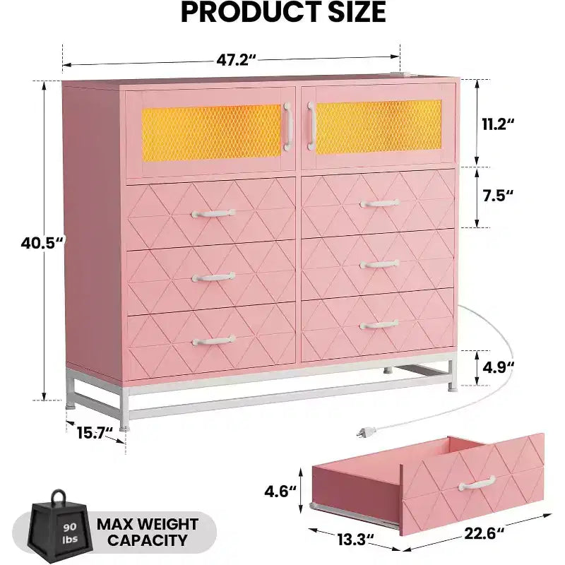 Cómoda Acekool de 8 cajones con armario para dormitorio, cómoda alta con estación de carga, organizador de almacenamiento para sala de estar, pasillo, armario