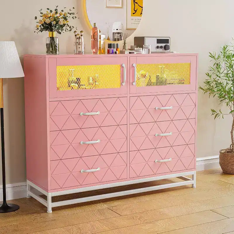 Cómoda Acekool de 8 cajones con armario para dormitorio, cómoda alta con estación de carga, organizador de almacenamiento para sala de estar, pasillo, armario