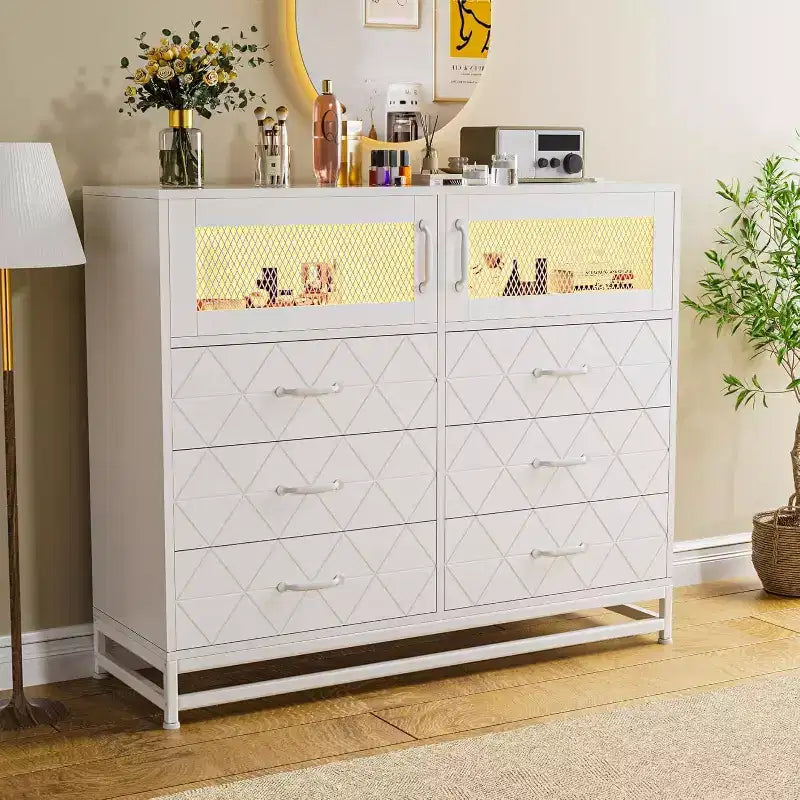 Cómoda Acekool de 8 cajones con armario para dormitorio, cómoda alta con estación de carga, organizador de almacenamiento para sala de estar, pasillo, armario