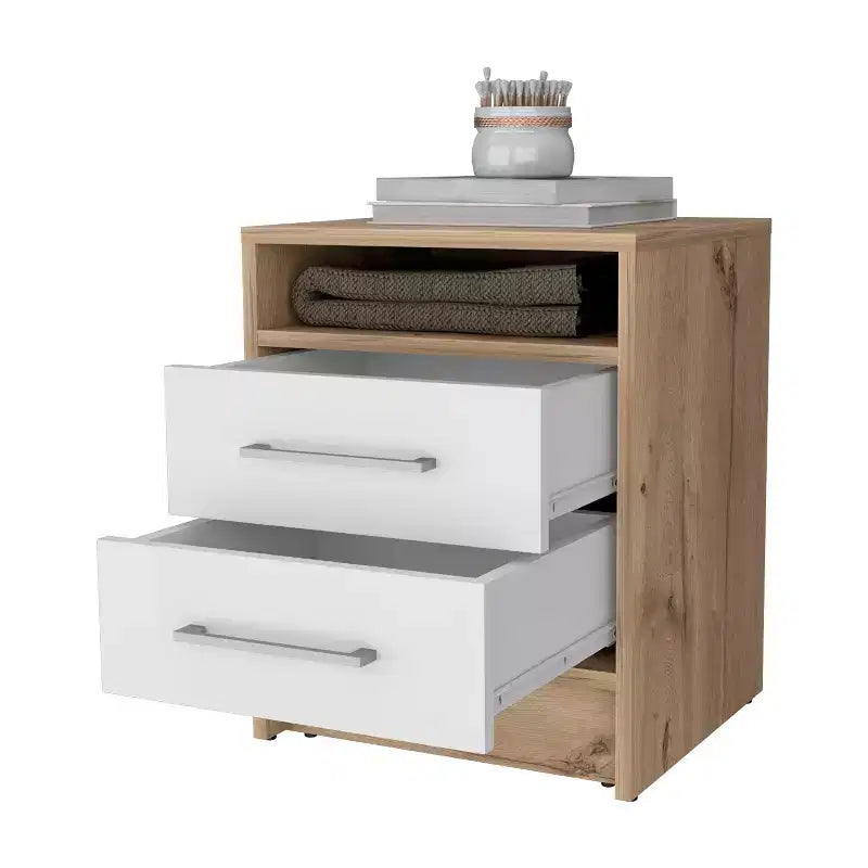 MAYEERTY Mesita de Noche con 2 Cajones y Estante Oculto, Mesa Auxiliar Vintage para Dormitorio, Sala de Estar