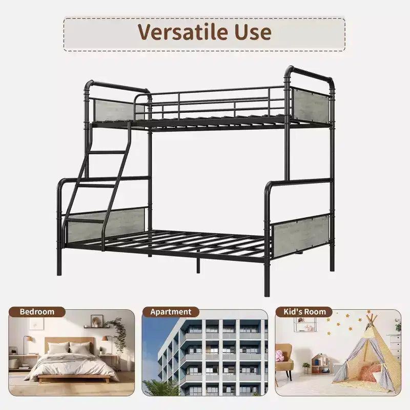 Litera de metal doble sobre matrimonial con escalera en ángulo, barandilla alta, estructura de litera resistente con listones de metal, bordes redondeados lisos, para niños y adolescentes