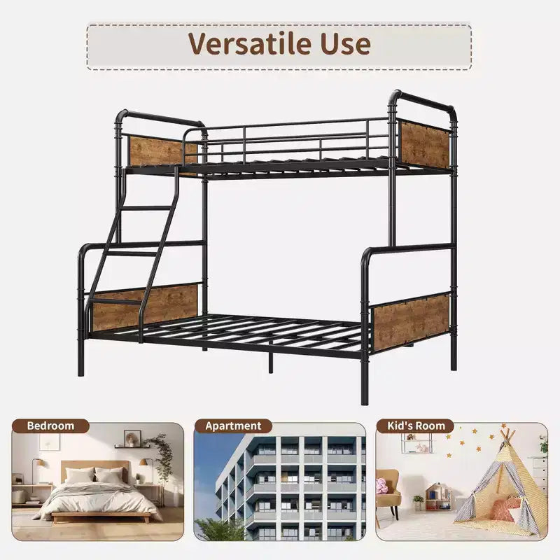 Litera de metal doble sobre matrimonial con escalera en ángulo, barandilla alta, estructura de litera resistente con listones de metal, bordes redondeados lisos, para niños y adolescentes