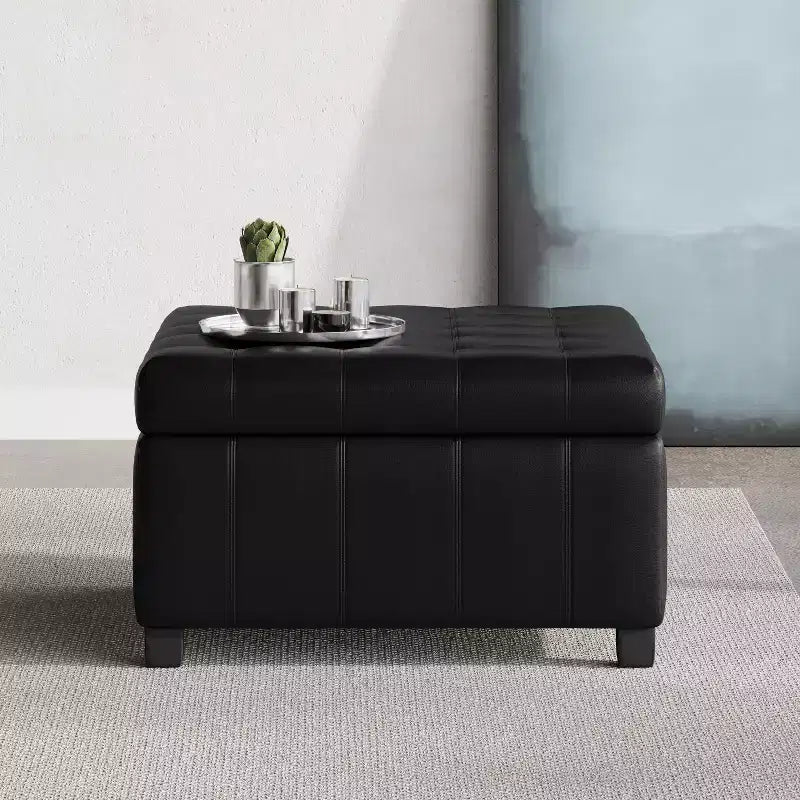 Puf otomano de almacenaje tapizado en piel sintética contemporáneo con botones decorativos GDFStudio Rigby