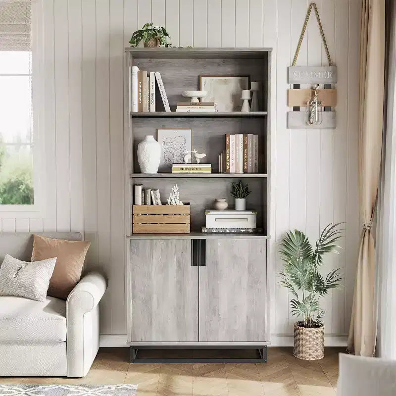 5 Tier Bookcase with Adjustable Shelves and Doors, Tall Bookshelf w/Metal Legs, Rustic Bookcase for Living Room Apartment Office