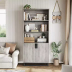 5 Tier Bookcase with Adjustable Shelves and Doors, Tall Bookshelf w/Metal Legs, Rustic Bookcase for Living Room Apartment Office