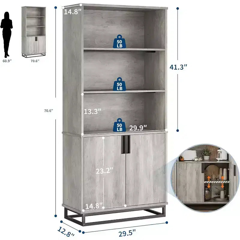 Librería de 5 niveles con estantes ajustables y puertas, estantería alta con patas de metal, librería rústica para sala de estar, apartamento u oficina