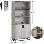 Librería de 5 niveles con estantes ajustables y puertas, estantería alta con patas de metal, librería rústica para sala de estar, apartamento u oficina