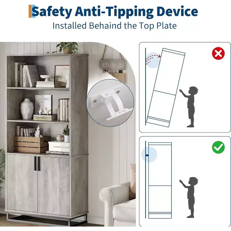 Librería de 5 niveles con estantes ajustables y puertas, estantería alta con patas de metal, librería rústica para sala de estar, apartamento u oficina