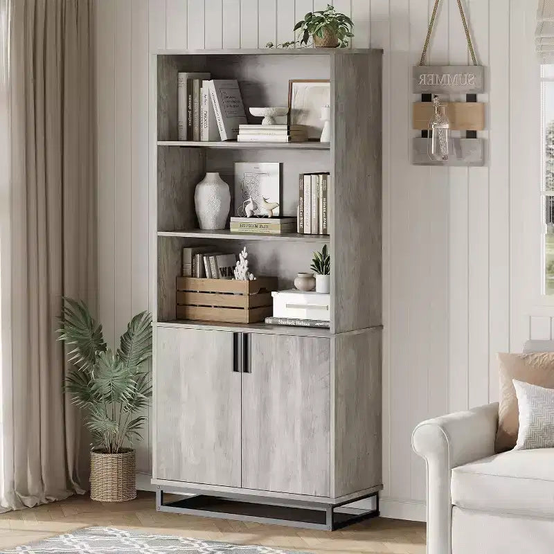 Librería de 5 niveles con estantes ajustables y puertas, estantería alta con patas de metal, librería rústica para sala de estar, apartamento u oficina