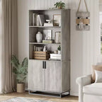 Librería de 5 niveles con estantes ajustables y puertas, estantería alta con patas de metal, librería rústica para sala de estar, apartamento u oficina